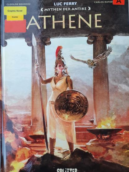 Cover von 'Athene' zeigt Athene mit Schild, Speer und Eule auf dem Olymp zwischen Säulen