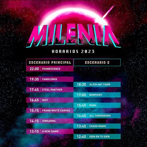 Cartel y horarios de Festival Milenia 2023

22:00 Evanescence
19:30 Candlebox
18:30 Alíen Antes Farm
17:45 Steel Panther
17:00 Nonpoint
16:45 Gufi
15:45 Rama
15:15 Frank's White Canvas
14:45 All Tomorrows
14:15 Sinkarma
13:45 Chaos Mágico
13:15 A New Dawn
12:45 Sien en tu sien