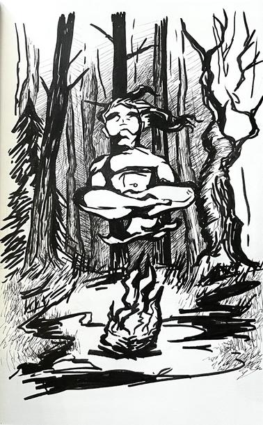 A drawing in heavy black ink, showing a character with his legs crossed, levitating several feet above the ground, where a campfire burns. He is surrounded by a chaotic, ominous forest landscape.