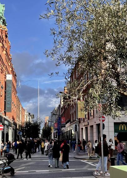 The Spire monument seen gleaming at the end of Henry Street pedestrian shopping area. Tree leaves catch the golden-light at the right edge of the image.