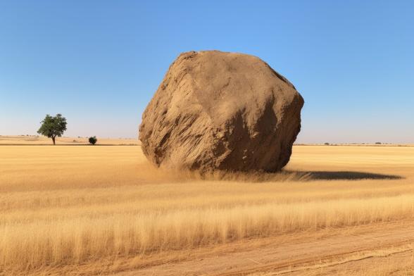 a large boulder, shaped by wind erosion, standing alone in a field, created with generative ai