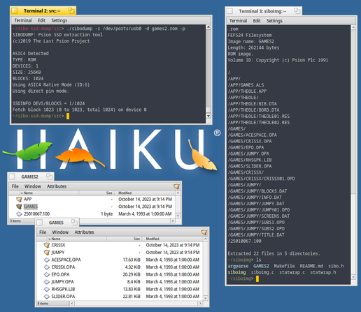 A Haiku OS screenshot.

There are two terminal windows. The left one has the output of SIBODUMP after dumping the GAMES2 SSD (ASIC4 ROM). The right one is the output of SIBOIMG after extracting the files from the dumped image.

In the centre of the screen is the Haiku logo.

At the bottom are two Tracker windows, showing the files extracted from the dumped image.