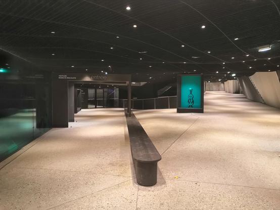 Un large couloir vide. Le plafond est bas, noir, orné de petites lumières semblables à des étoiles. Le sol est irrégulier, formant des grandes vagues. Le couloir bifurque à gauche vers le bas, et à droite en montée. Zu bout, une affiche blanche se tient, sur laquelle ne figure rien d'autre qu'un dessin d'une petite créature humanoïde étrange.