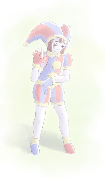 A watercolor style digital drawing of a character in a jester outfit named Pomni. Her expression is nervousness, and she is nervously waving her hand while hunched over in anxiety. She has brown hair, pale skin, red and blue eyes, and is in a red and blue striped hat, shirt, and shorts, that all end in yellow cuffs. She has yellow pom poms at the end of her hat and on her shirt. Her right glove is red, and her left is blue, both with yellow cuffs, and the reverse is the same for her shoes.