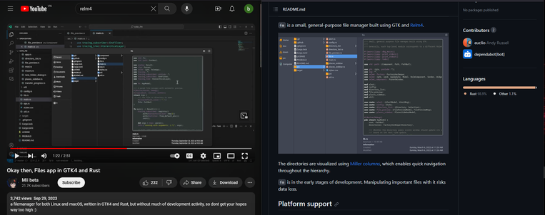 screenshot: left is youtube showing the result of using copilot to generate a relm4 file manager, which looks exactly the same as the fm file manager created with relm4, which is shown on the right