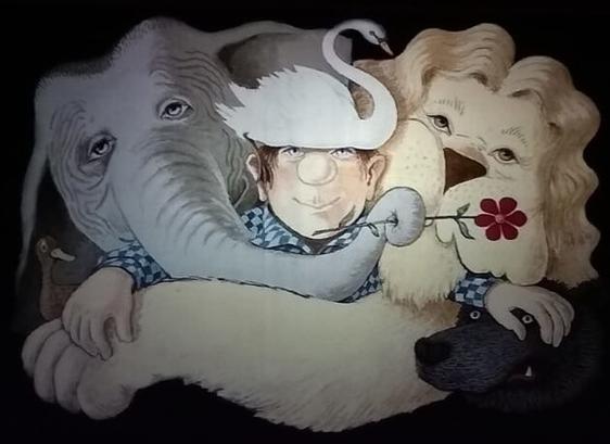ein Mensch wird eng umkuschelt umringt von einem Elephanten (mit einer roten Rose im Rüssel), einem Löwen, einem Schwan, einem Wolf und einer Ente. Loriot Cover zum Karneval der Tiere