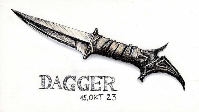 Dolch mit einem zisellierten Griff als Federzeichnung. Das Wort "Dagger" untrhalb.