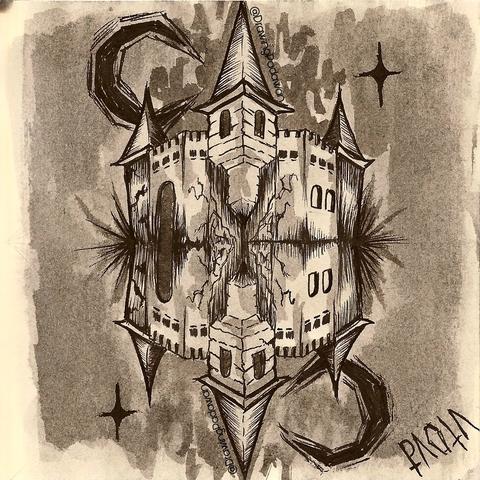 Ilustración de un castillo en modo espejo. Como es arriba es abajo. Tinta sobre papel.