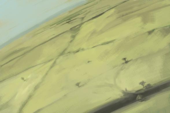 Digital Landscape painting of arid landscape, criss-crossed by a few roads and areas of greenery