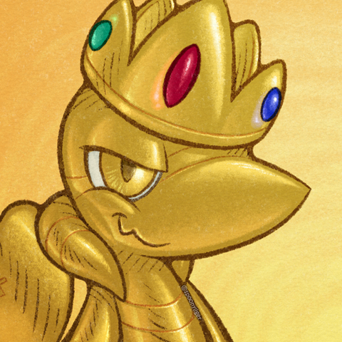 Digital bust artwork of a Pokémon original character based on Snivy and Gholdengo facing forward towards the right side of the image at a 3/4 angle with a devious expression on its face. Behind it is a gradient cream-orange to pale-yellow background.