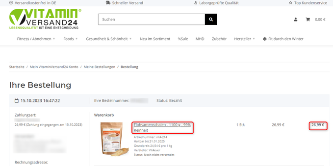 Screenshot einer Bestellung von Flohsamenschalten. Der Preis für 1,1 kg beträgt 26,90 €. Das sind 17% mehr als dieselbe Packung im Februar 2023 kostete.