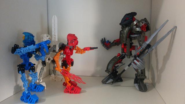 my shelf, which includes some of my Bionicle sets:
some of the Toa Mata (Tahu, Gali, Kopaka) and Makuta Teridax