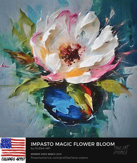 Vibrant impasto. The flower bloom in a blue vase comes to life with thick, textured brushstrokes. The three-dimensional effect adds depth and intensity. Don't miss this masterpiece!
