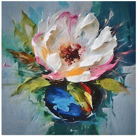 Vibrant impasto   The flower bloom in a blue vase comes to life with thick, textured brushstrokes. The three-dimensional effect adds depth and intensity. Don't miss this masterpiece!