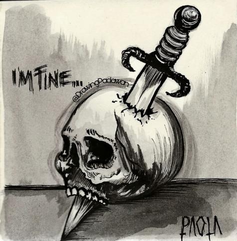 Dibujo de calavera con una daga atravesada desde arriba. Tinta negra sobre papel.