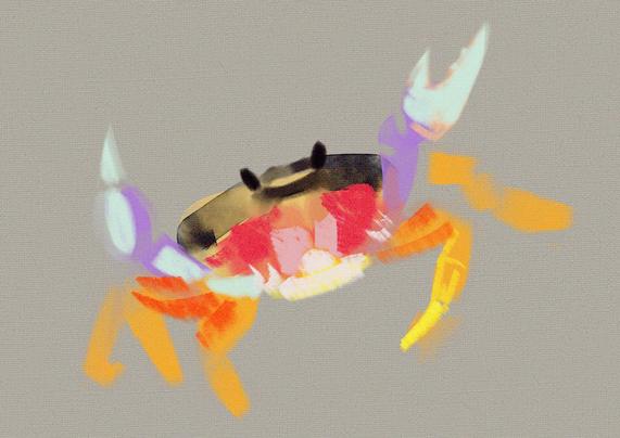 A red purple orange crab on the sand.