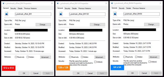 A series of windows showing the image details of the same .png data that has scaled from the original 512x512 image, to a smaller 128x128 image, and to an even smaller 64x64 image.

The 512 image is taking up 8KB of disk space, the 128 image is taking up 4KB of disk space, and the 64 image is taking up 8KB of disk space.