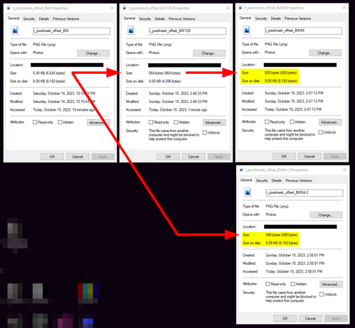 A picture showing 4 windows that display file details with arrows showing how the files were made.

The 512 image was turned into a 128 image, and then the 128 image was turned into a 64 image.

Additionally, the 512 image was turned directly into a 64 image. This image takes up the same 8KB on disk, but the file's actual size is 2B smaller than the other 64 image that went through the double resize.