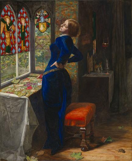 Young lady in blue leaning away from a stained glass window holding her back with both hands in tiredness Victorian #PreRaphaelite art