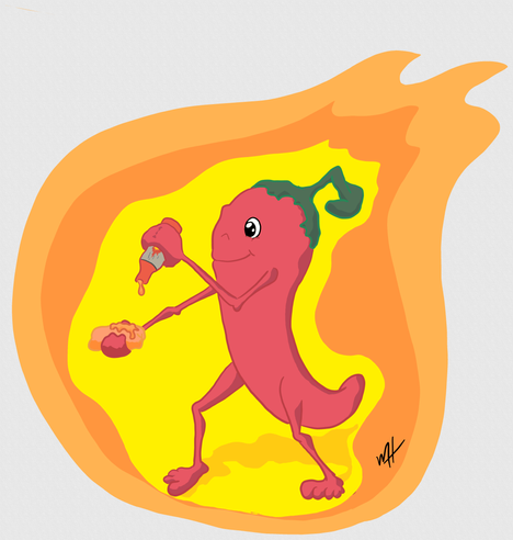 Inktober prompt: spicey. A drawing of an animate red chile putting hot sauce on a burrito.