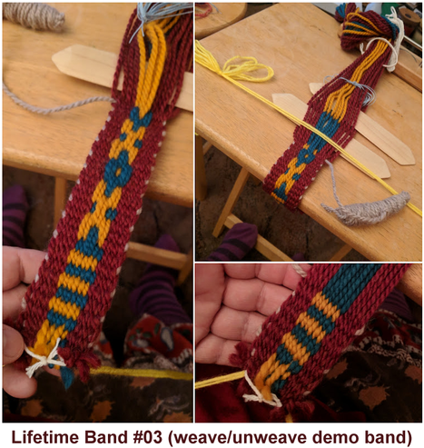 collage of three photos: Woven band about 2.5" or 6.5/7cm wide, made of bulky wool yarn

(1) on the left, a woven band is stretched out so that the horizontal stripes in blue and yellow (banded by dark red vertical outer edges) are followed by a pattern that looks like a large yellow X followed by a large blue O (the O has a top and bottom tail, also like a top or a dreidel)

(2) top right; example of the weaving process paused and tied off to a table. the band is anchored and tied to a clamp on the far side of the table, and two wooden sticks are fed through sheds of unwoven warp

(3) bottom right: a hand holds out the beginning horizontal stripes section