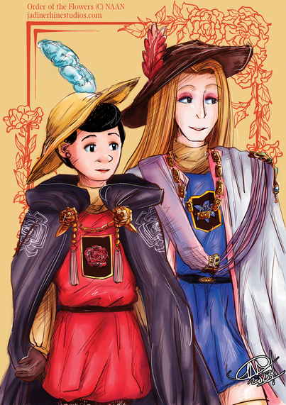 Color illustration of two women dressed in garbs similar to knightly orders. The woman on the left wears underneath it a red and yellow tunic, while the one on the right wears a blue and yellow tunic. Both of their hats are different, with the left wearing a white feather and yellow hat and the right wearing a brown leather hat with a red ornament.

The woman on the left looks to be attentive to something off-screen while the one on the right appears to be enjoying whatever's going on off-screen.
