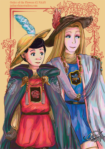 Color illustration of two women dressed in garbs similar to knightly orders. The woman on the left wears underneath it a red and yellow tunic, while the one on the right wears a blue and yellow tunic. Both of their hats are different, with the left wearing a white feather and yellow hat and the right wearing a brown leather hat with a red ornament.

The woman on the left looks to be attentive to something off-screen while the one on the right appears to be enjoying whatever's going on off-screen.

This is a different version, with colors reminiscent of old pixel games.