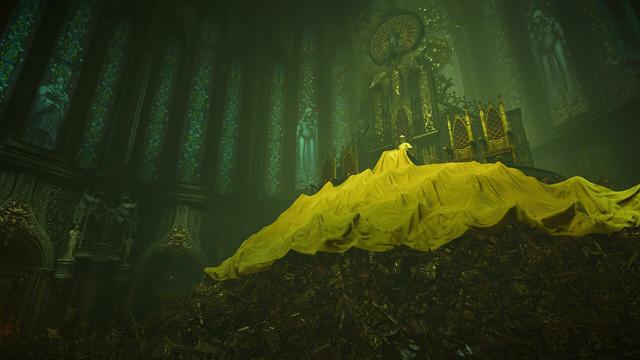 Enormous pile of old dark brown chairs with a bright yellow cloth from a robe on a skeleton corpse in a greenish room