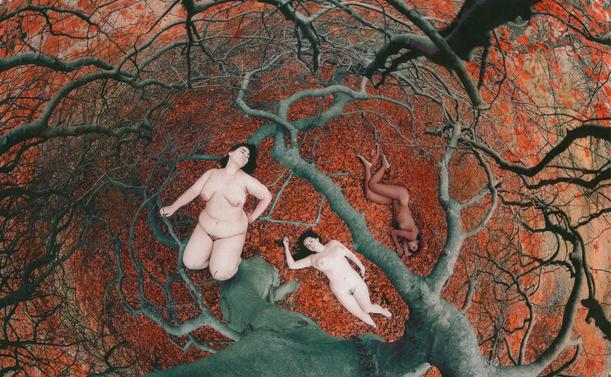 three nude women of various sizes about a leafless tree
