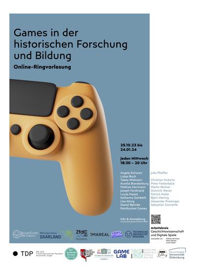 Das Bild zeigt das Veranstaltungsposter. Bildbeschreibung: Bildprägend strahlt ein gelber Controller vor blauem Hintergrund, darüber Titel der Veranstaltung "Games in der historischen Forschung und Bildung", daneben Daten der Veranstaltung und Speaker. Unten in zwei Reihen sämtliche Logos der beteiligten Institutionen.