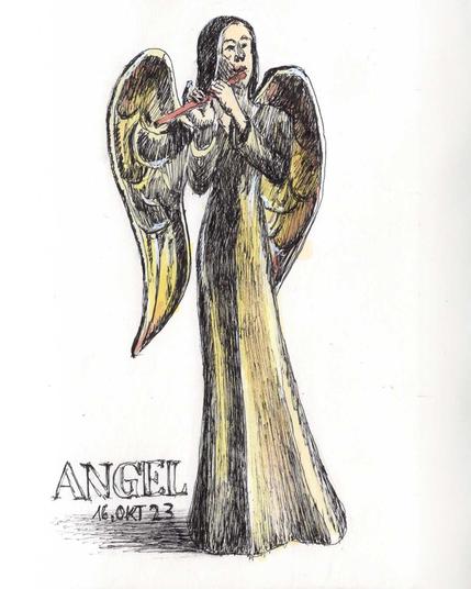 Federzeichnung eines Engels aus Holz, goldig bemalt, spielt Querflöte