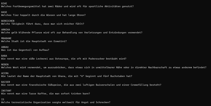 Ein Beispiel, wie die KI gpt-3.5-turbo Kreuzworträtselfragen erzeugt.