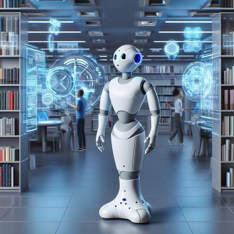 Pepper-Roboter in einer futurtistischen Bibliothek