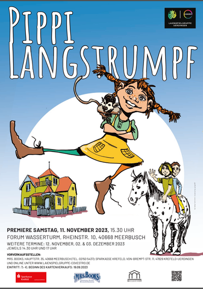 Plakat mit dem Titel "Pippi Langstrumpf". Im Bild farbig gezeichnet: die tanzende Pippi mit Äffchen auf der Schulter, die Villa Kunterbunt und zwei Kinder auf einem weißen Apfelschimmel.