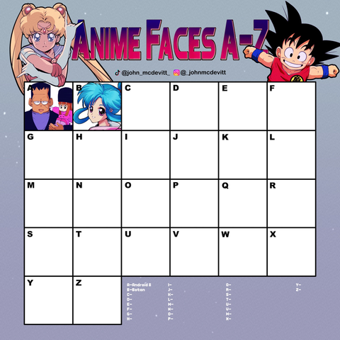 An art challenge template with a through b filled in