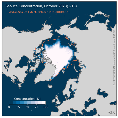 Map showing the Arctic sea-ice concentration averaged over the first 15 days in October 2023. For comparison, the sea-ice extent for the first half of October in the period 1981-2010 is represented by an orange contour. This year shows less ice in the Beaufort Sea and the Russian shelf seas.