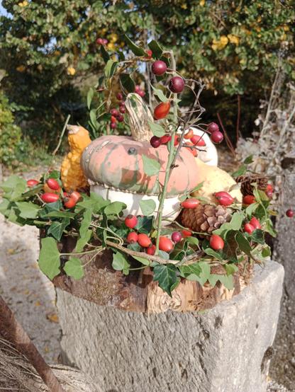 Composition florale avec du lierre, des baies d'églantier, des coloquintes, une courge "turban turcx et un pâtisson blanc.