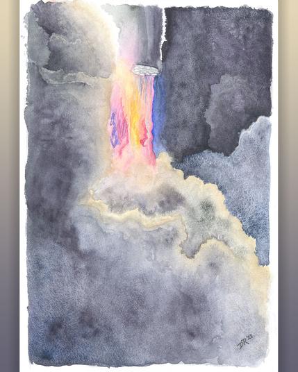 A watercolor painting of the Starship test launch, showing the exhaust clouds billowing around the engines and multi-colored flames of the Super Heavy booster.