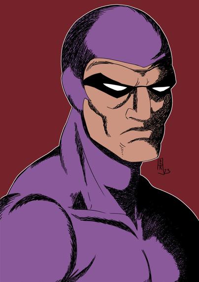 The artwork is a fanart of the character 'The Phantom.' It's an illustration that extends down to his chest. He is wearing his classic costume and is depicted in a semi-profile view against a background that is somewhat wine-colored. The shading in the drawing is lightly cross-hatched.
