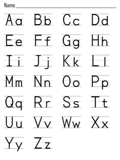 The letters of the English alphabet, capital and small for each one, written out on what appears to be a grade school homework sheet.