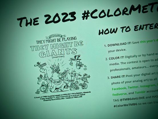 Screenshot of the #ColorMeTMBG webpage on TMBG.LOVE/contest