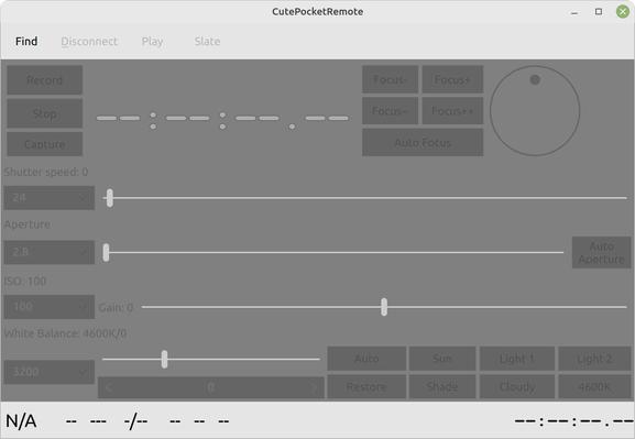 Screenshort of CutePocketRemote, a BlackMagic Desgin camera remote control application for desktop systems.