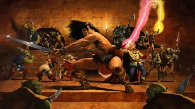 Box art for HeroQuest. A barbarian swinging a two-handed sword in center, monsters attacking from the front. The other heroes -- dwarf, elf and wizard -- are fighting monsters behind him. In the background is a stone dungeon wall with arches lit by torchlight.

Artwork is by Les Edwards.