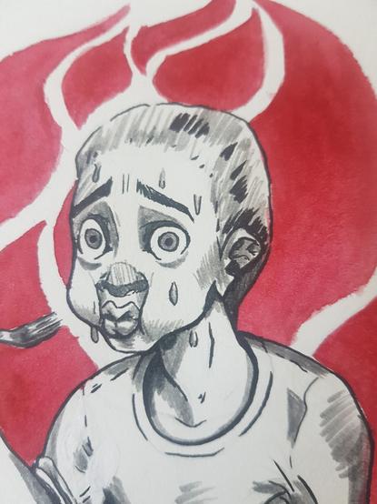 Illustration d'un personnage mangeant un plat épicé. Celui ci a la bouche pleine et une expression de détresse a cause du repas très épicé qu'il vient de manger. Il y a des flamme derrière lui.