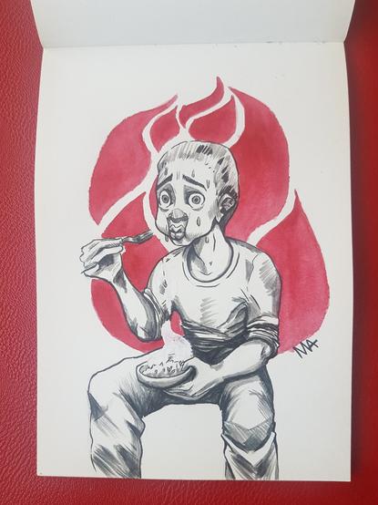 Illustration d'un personnage mangeant un plat épicé. Celui ci a la bouche pleine et une expression de détresse a cause du repas très épicé qu'il vient de manger. Il y a des flamme derrière lui.