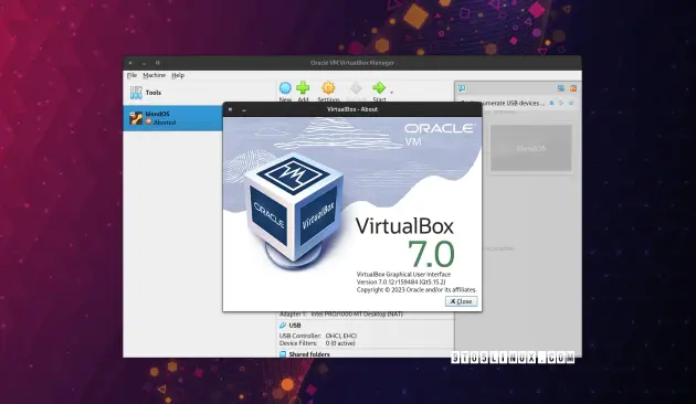 Screenshot of VirtualBox 7.0.12 showing the main window and the About dialog.