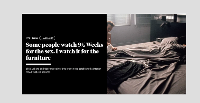Film still from erotic thriller 9 1/2 Weeks with naked out of frame Micky Rourke crouching on a rumpled bed with taupe bed sheets and dim light from a bare window. Lots of hard surfaces and everything is monotone