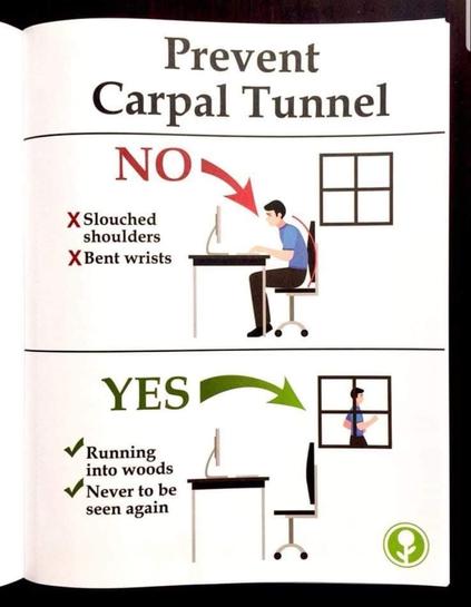 Prevent Carpal Tunnel 

NO (with red arrow pointing to guy sitting at computer) and red X's next to "slouched shoulders, bent wrists"

YES (with green arrow pointing to window with guy running outside; the computer is abandoned) and green check marks next to "Running into woods, Never to be seen again"