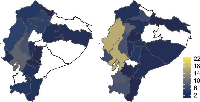 Two maps of Ecuador with differently colored provinces. The colors (transition from blue to yellow) encode the number of distinct SARS-CoV-2 lineages. Fewer distinct viral lineages circulated during strict contact restrictions (left) than during more lax measures (right). © Charité | Andres Moreira-Soto