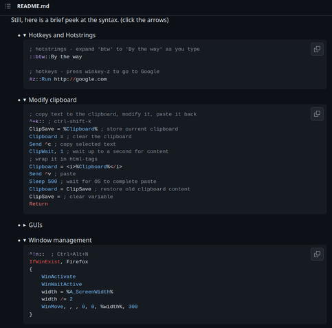 Another screenshot of the applications README showing code snippets for AutoHotkey syntax examples
